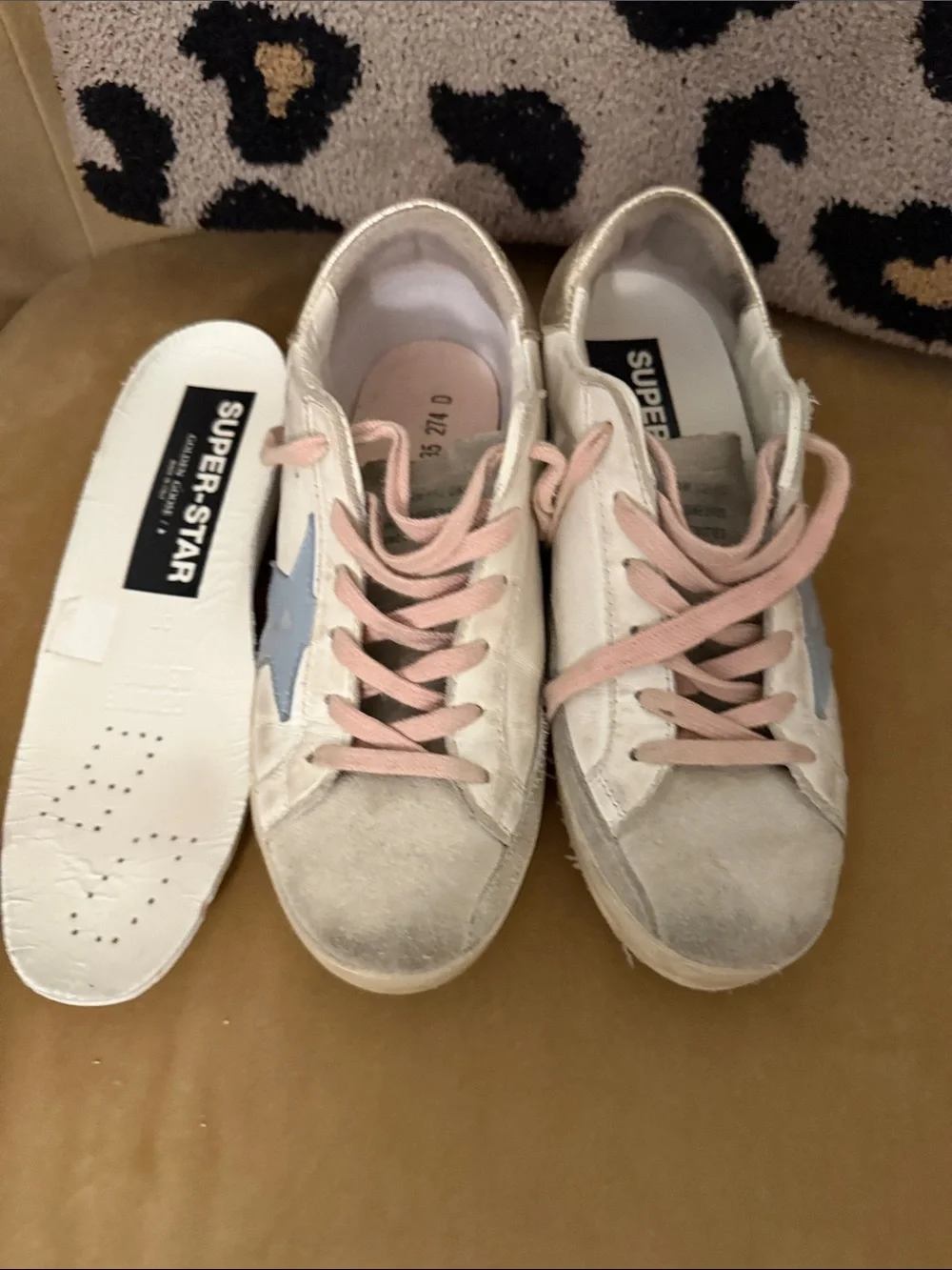 Golden Goose Kids White Sneakers with Blue Star and Pink Laces